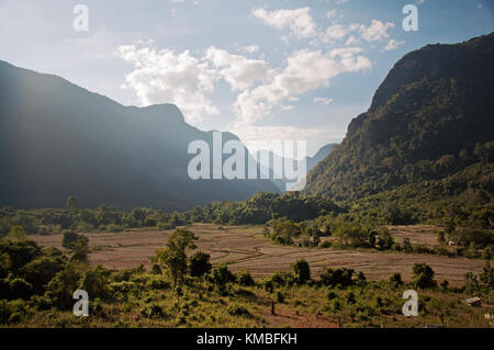 karst landscape and river in vang vieng laos Stock Photo