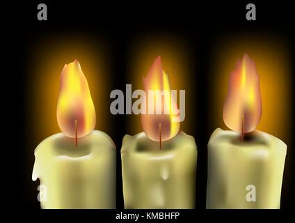 three abstract burning candles on multcolor background Stock Vector