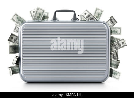 Dollar piles inside briefcase isolated on white background. 3D illustration. Stock Photo