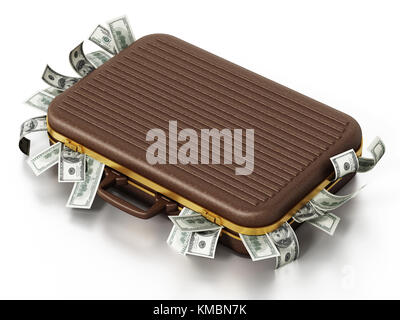 Dollar piles inside briefcase isolated on white background. 3D illustration. Stock Photo