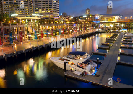 Cockle Bay Wharf and Marina After Sunset, Darling Harbour, Sydney, New South Wales (NSW), Australia Stock Photo