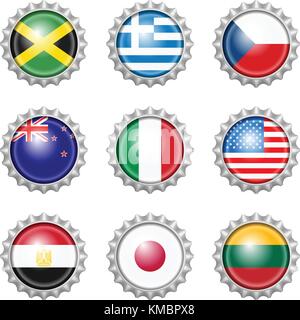 Bottle cap national flags on white background. Stock Vector