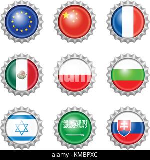 Bottle cap national flags on white background. Stock Vector
