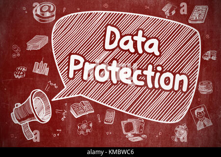 Data Protection - Cartoon Illustration on Red Chalkboard. Stock Photo