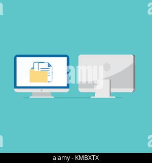 flat computer design with front and back side vector on blue background.Computer with file in folder on screen. Stock Vector