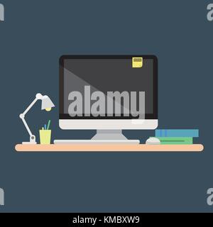 Office computer with mouse, keyboard, note paper, lamp, books on table. Flat modern Computer with keyboard on table vector Stock Vector