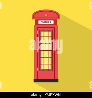 Flat red pay phone with yellow background and long shadow vector.Red English telephone.Classic pay phone vector Stock Vector