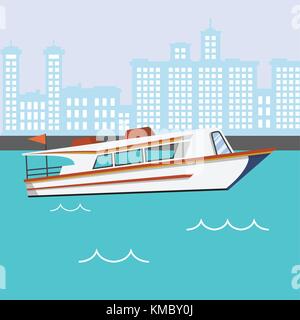Modern Speed Boat in river with buildings background vector illustration. Stock Vector