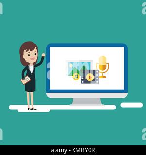 Business woman presenting with computer and media on screen vector.Young girl with suite and computer.New media presentation concept Stock Vector