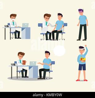 Doctor and patient character activity set vector.doctor and patient in medical activity, injection, examination, operation, pharmacy and health care.  Stock Vector