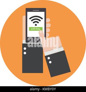 Business hands holding phone with wifi icon on screen and orange circle vector.Free wifi connecting concept. Stock Vector