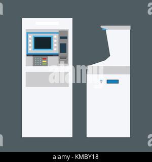 White ATM bank cash machine with isolated background.ATM machine on front and side view.Vector illustration Stock Vector