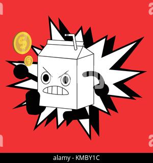 Cute milk box fighter cartoon character with coins and white burst graphic.Character comic with red background. Stock Vector