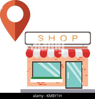 Flat store shop with red pin vector and isolated white background.Pin a place concept. Stock Vector