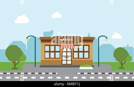 Shop store building on street with tree and silhouette building background.Scene of market and city with sky background vector illustration Stock Vector