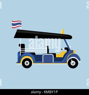 Flat Tuk tuk in Thailand vector with Thai flag and isolated background.Thai taxi vector Stock Vector