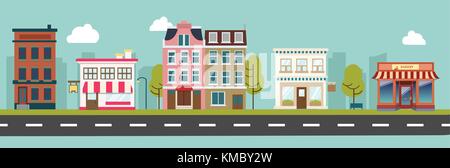 City street and store buildings vector illustration, a flat style design. Stock Vector