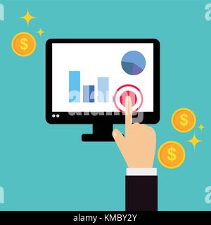 Business hand click on computer screen  with business information and coins element vector Stock Vector