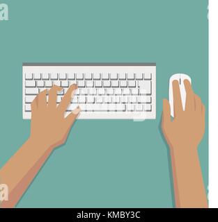 Flat Hands typing on white keyboard with mouse and pastel background vector Stock Vector