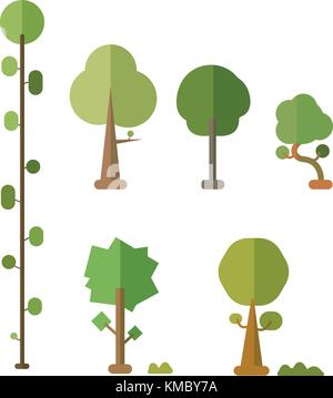 Flat trees vector set with bush and isolated white background Stock Vector