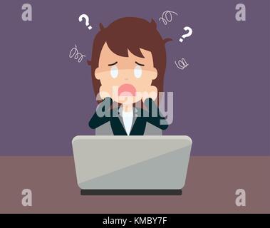 Business woman cartoon face a problem about her business with laptop on desk vector illustration Stock Vector