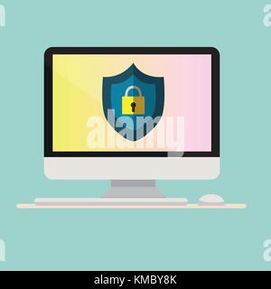 Computer with Protection icon on screen.Computer with keyboard and mouse.Security online concept.Vector illustration Stock Vector