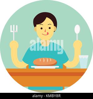 Young man prepare to eat bread with spoon and fork on table.flat man cartoon design in green circle vector illustration Stock Vector