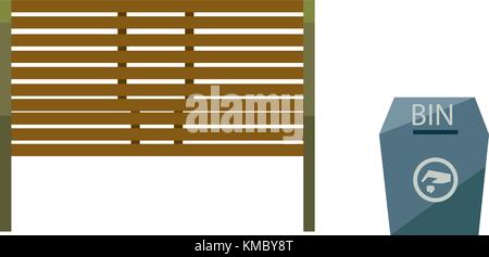 Park bench with a blue bin and sign, vector illustration Stock Vector
