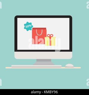 Computer with gift shopping bag icon on screen.Computer with keyboard and mouse.Shopping online concept.Vector illustration Stock Vector