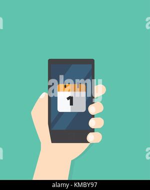 Hand with calendar icon on mobile phone vector illustration, Hand hold smart phone screen with calendar application Stock Vector
