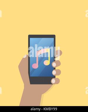Hand with music icon on mobile phone vector illustration, Hand hold smart phone screen with music application and music life style concept Stock Vector