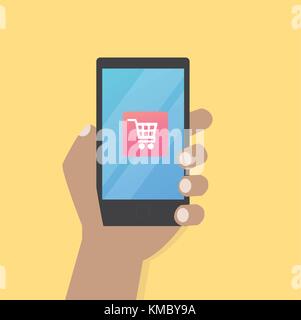 Hand with cart icon on mobile phone vector illustration, Hand hold smart phone screen with shopping application Stock Vector