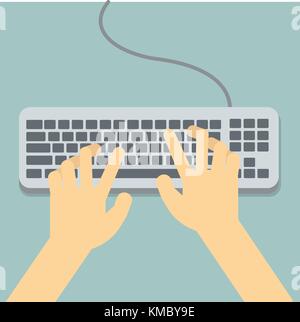 Flat Hands typing on keyboard with cable and pastel background vector illustration Stock Vector