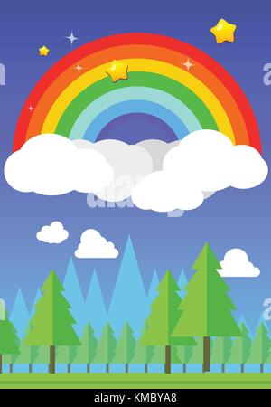 Rainbow on sky and forest background vector illustration Stock Vector