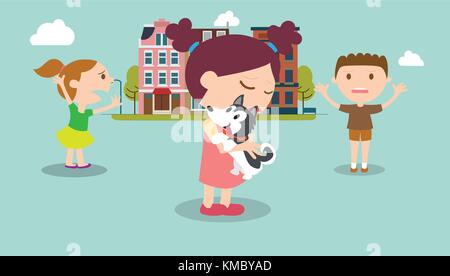 Kids find a dog in city with buildings background vector illustration Stock Vector
