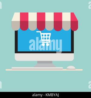 Computer with awning and cart icon on screen.Computer with keyboard and mouse.Shopping online concept.Vector illustration Stock Vector