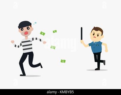 Police man running chasing thief escaping with stolen money vector illustration Stock Vector