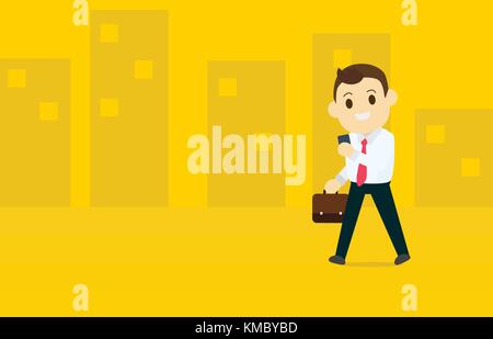 Young business man use a smart phone while walking in town vector and illustration.Flat business man walking design. Stock Vector