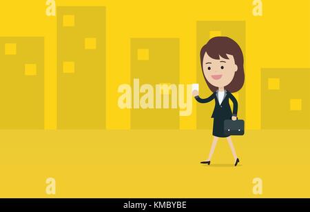 Young business woman use a smart phone while walking in town vector and illustration.Flat business woman walking design. Stock Vector