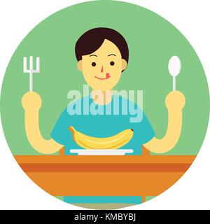 Young man prepare to eat banana with spoon and fork on table.flat man cartoon design in green circle vector illustration Stock Vector