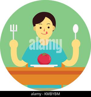 Young man prepare to eat tomato with spoon and fork on table.flat man cartoon design in green circle vector illustration Stock Vector