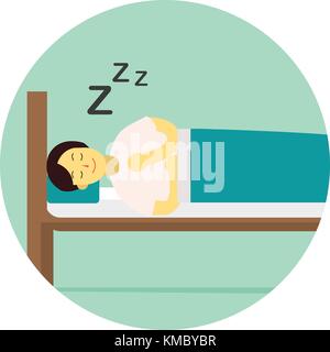 Flat Young man wear night suit sleep with pillow and blanket cover on wood bed.Sleep vector illustration with circle snooze sign. Stock Vector