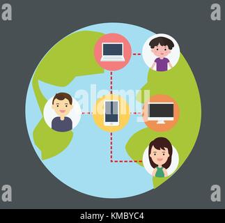 Concept of connecting people with technology, Wireless connect people around the world, flat design cartoon characters vector illustration Stock Vector