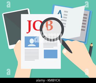 Hands hold magnifier to find job in newspapers with book,pencil and tablet background vector illustration Stock Vector