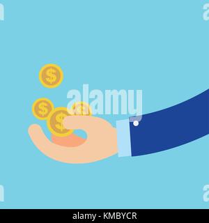 Flat business Hand getting coins in green circle vector illustration.Business get money concept Stock Vector