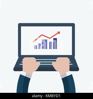 businessman hands use laptop with arrow up on graph,flat design vector illustration