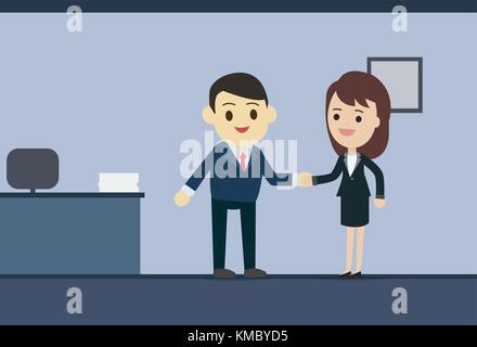Business man and business woman shaking hands in meeting room vector illustration Stock Vector