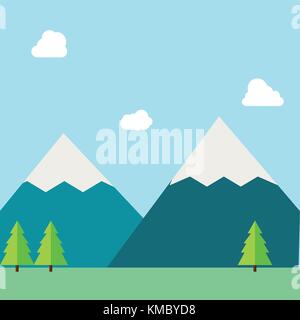 Flat natural vector illustration with mountains,forests,field and sky Stock Vector