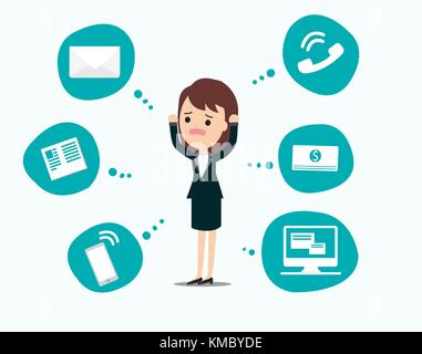 Businesswoman stress pressure, business mental issues, concept vector icons with pictogram computer,money,news,telephone call,e-mail. Pressure mental  Stock Vector