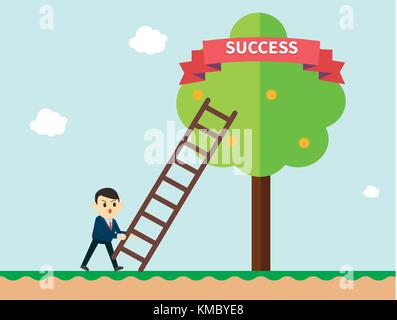 Businessman reaching to the success ribbon on a tree with ladder.Business concept a ladder corporate of success. Vector illustration. Stock Vector
